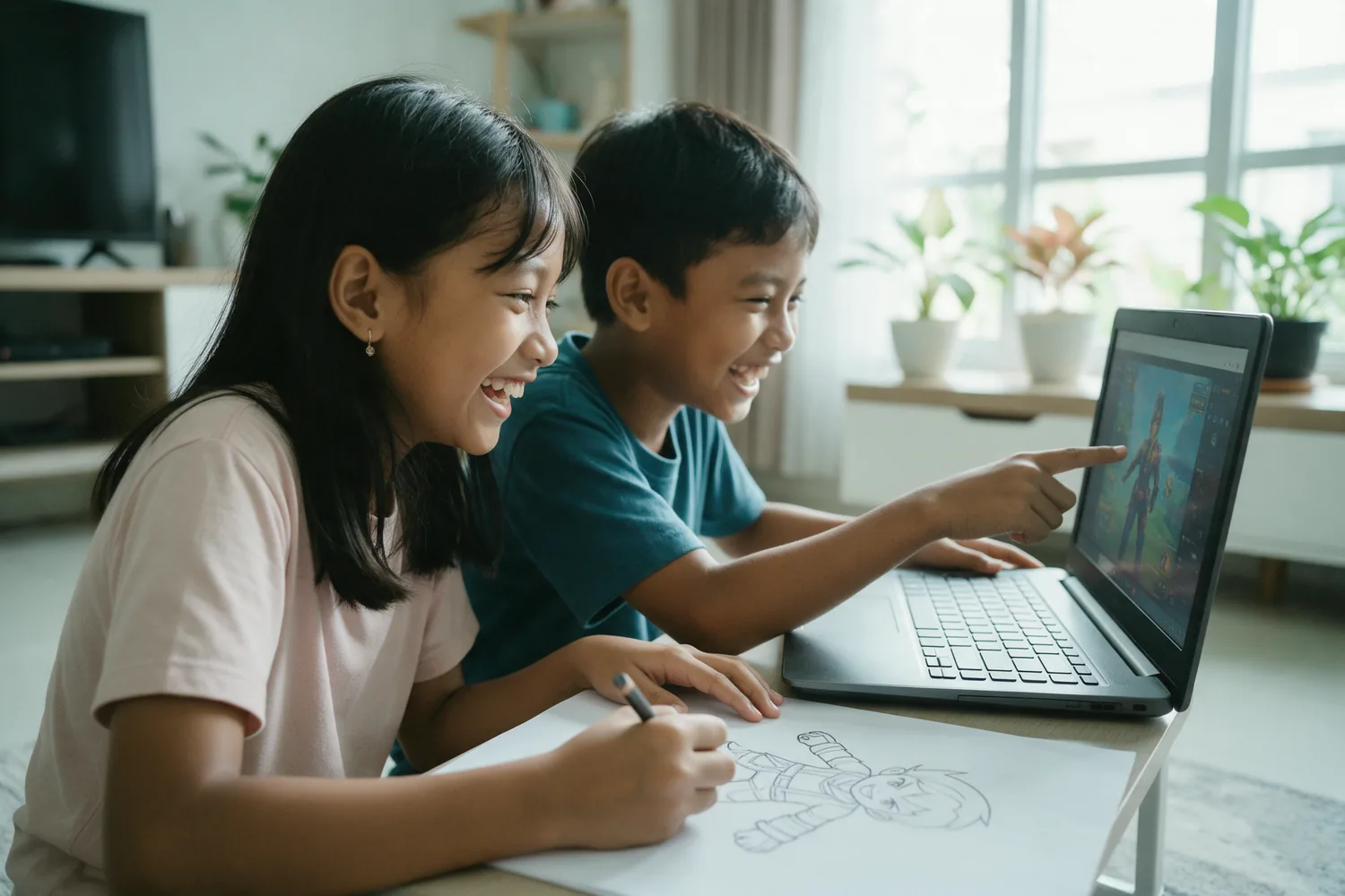 Dua anak sekitar sebelas tahun menggambar karakter game dan menunjuk layar laptop di meja ruang keluarga.