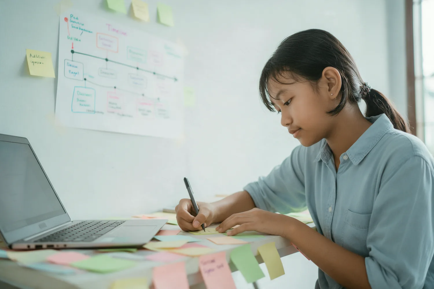 Seorang remaja perempuan menulis catatan di meja penuh sticky note, dengan timeline proyek tertempel di dinding.