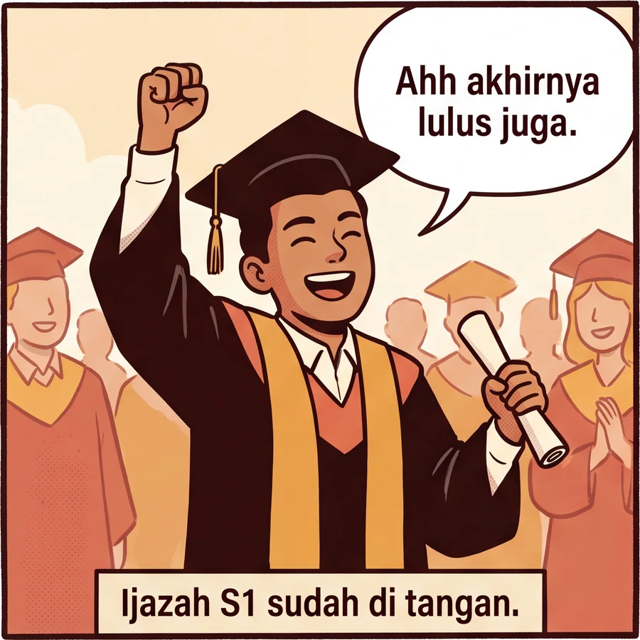 Panel 1. Seorang lulusan bertoga mengangkat tinju sambil tertawa, memegang gulungan ijazah, di antara wisudawan lain. Ia berkata: Ahh akhirnya lulus juga. Keterangan: Ijazah S1 sudah di tangan.