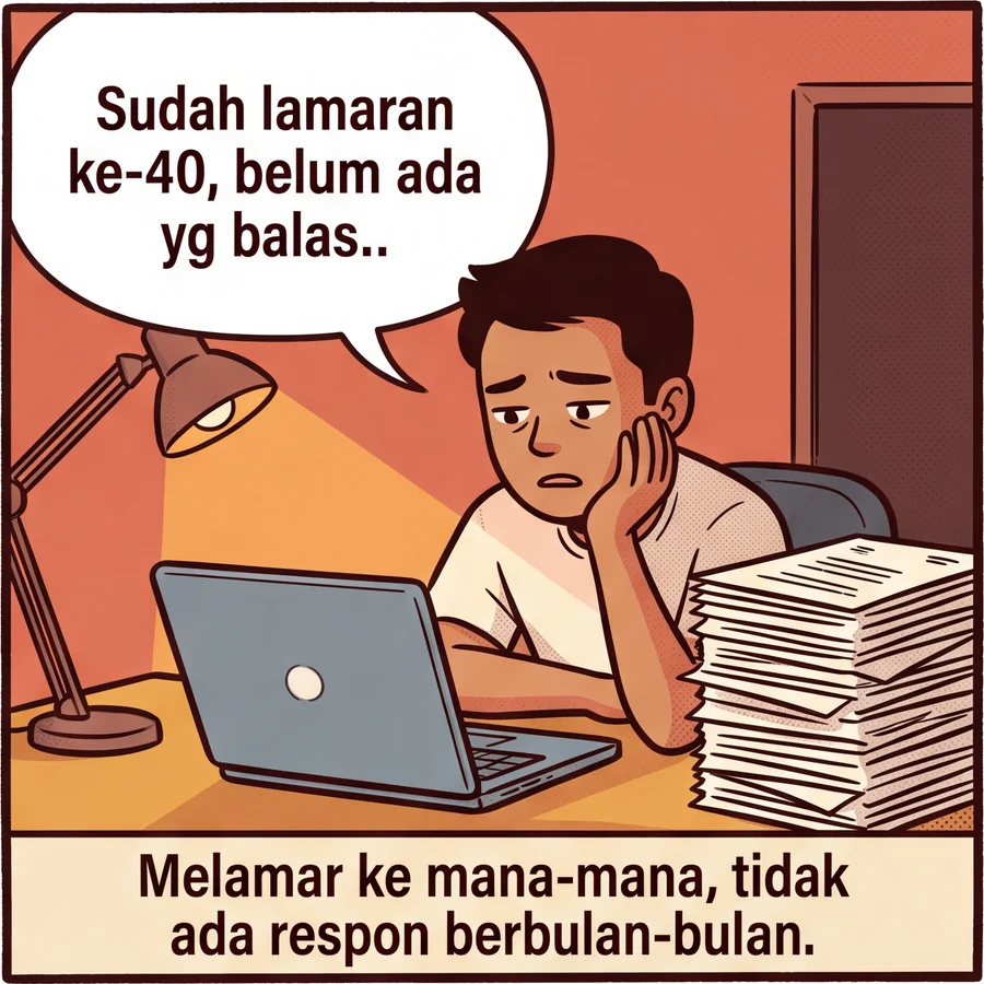 Panel 2. Lulusan yang sama bertopang dagu di depan laptop pada malam hari, di samping tumpukan surat lamaran setinggi bahu. Ia berkata: Sudah lamaran ke-40, belum ada yg balas.. Keterangan: Melamar ke mana-mana, tidak ada respon berbulan-bulan.