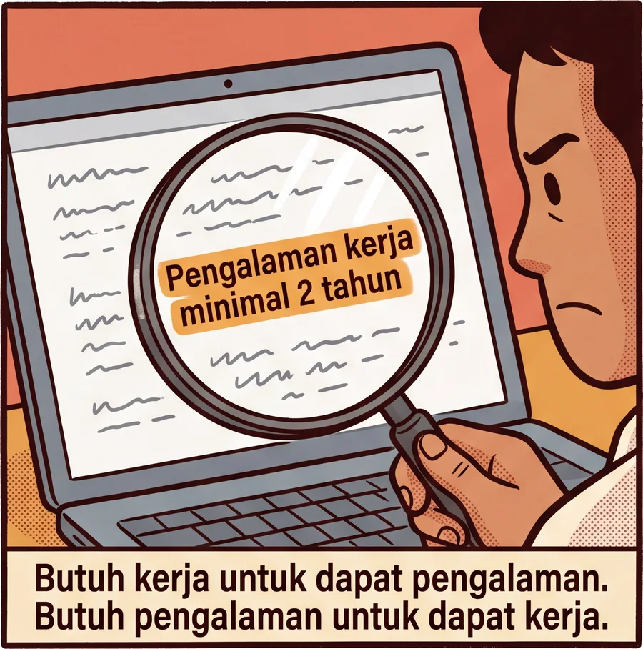 Panel 3. Ia mengarahkan kaca pembesar ke layar laptop berisi lowongan kerja. Satu baris yang tersorot di dalam lensa terbaca: Pengalaman kerja minimal 2 tahun. Keterangan: Butuh kerja untuk dapat pengalaman. Butuh pengalaman untuk dapat kerja.