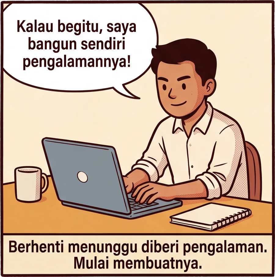 Panel 4. Lulusan itu duduk tegak di meja yang sama pada pagi hari, tersenyum yakin sambil mengetik di laptop. Ia berkata: Kalau begitu, saya bangun sendiri pengalamannya! Keterangan: Berhenti menunggu diberi pengalaman. Mulai membuatnya.