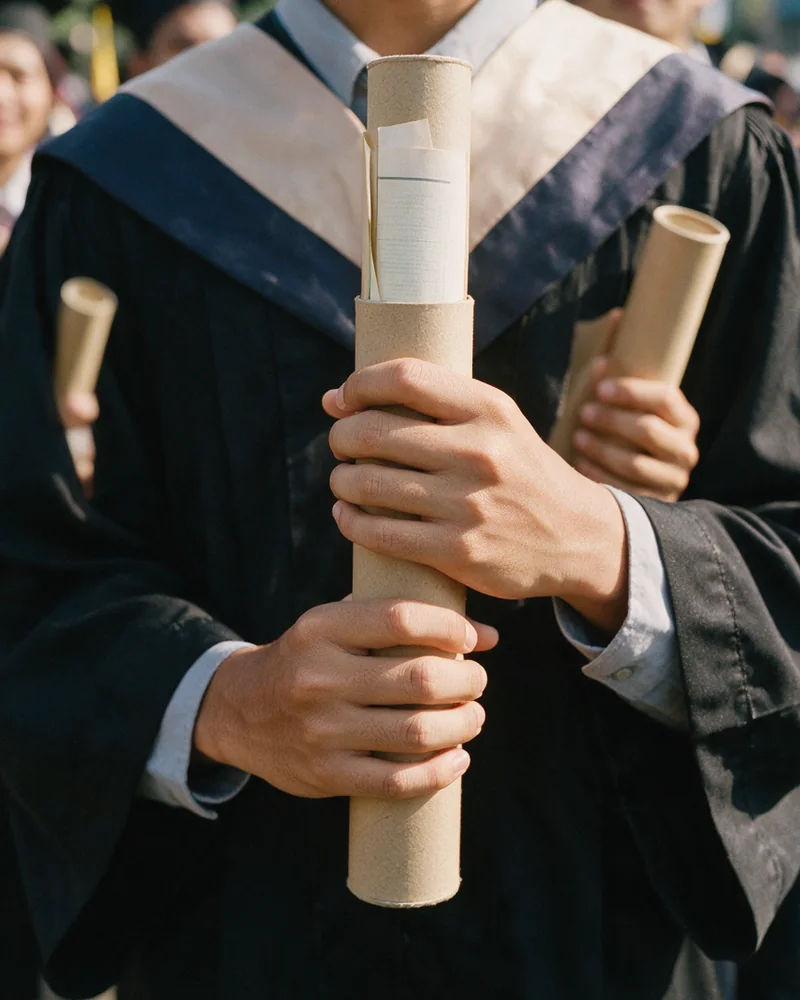 Sepasang tangan memegang gulungan ijazah dalam tabung karton di depan dada; di belakangnya wisudawan lain memegang tabung yang sama persis.