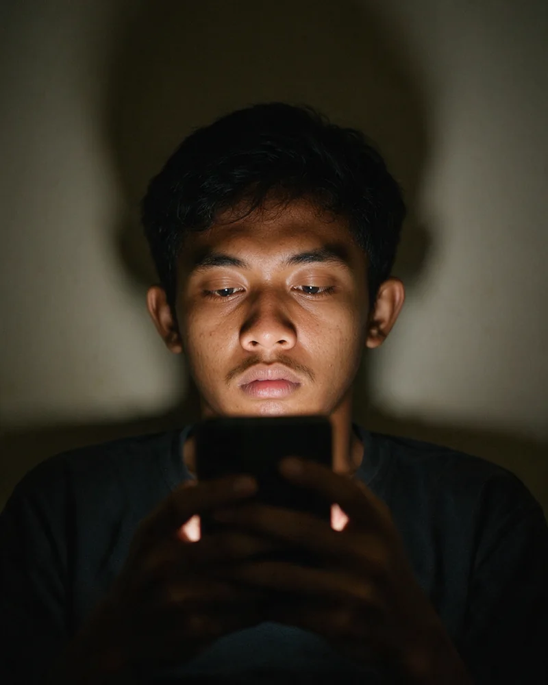 Seorang pemuda duduk sendirian di ruangan gelap, wajahnya hanya diterangi layar ponsel yang ia pegang, matanya lelah dan tidak fokus.