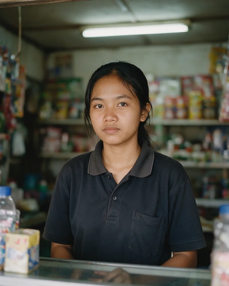 Seorang perempuan muda berdiri di balik etalase sebuah toko kecil, mengenakan seragam kerja polos, menatap ke samping tanpa ekspresi.