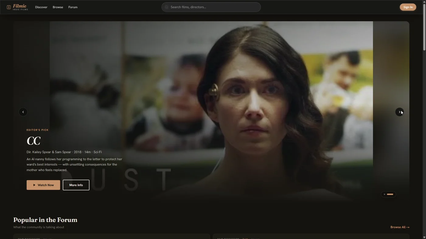 Halaman depan Filmie: film indie pilihan editor dengan tombol tonton dan info.