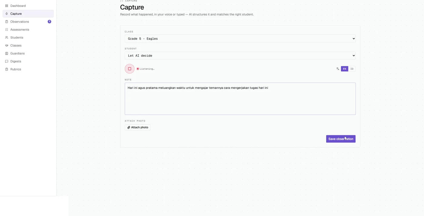 Layar Capture di Sekolah OS: guru memilih kelas, murid disetel ke Let AI decide, dan transkripsi suara guru muncul di kolom catatan.